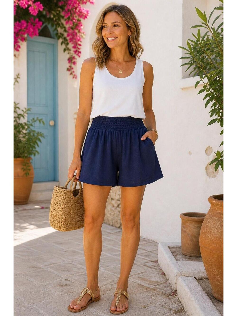 New Directions Navy Blue Smocked Waist Shorts XL Lined Flowy NWT